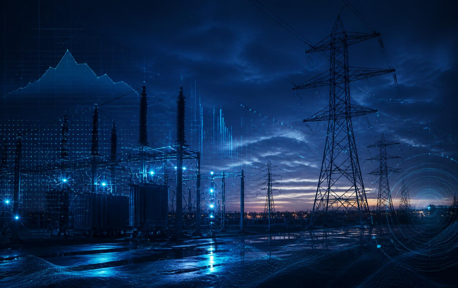 Subestação elétrica com sobreposição de gráficos de análise de dados